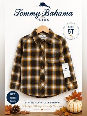 Tommy Bahama Kids Flannel Plaid Shirt 5T Brown Gray Mustard Back to School Fall